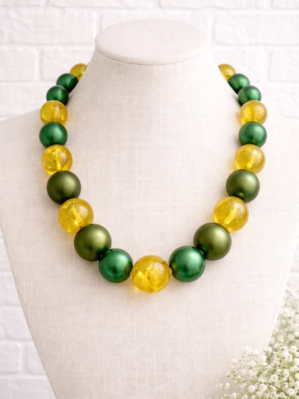 Green Gold Statement Chunky Necklace Beaded Retro Glam Bold Emerald Yellow